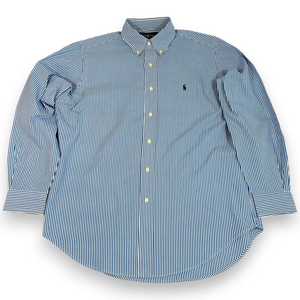 Ralph Lauren Mens Button Up Shirt 15.5 32/33 Blue White Stripe 100% Cotton